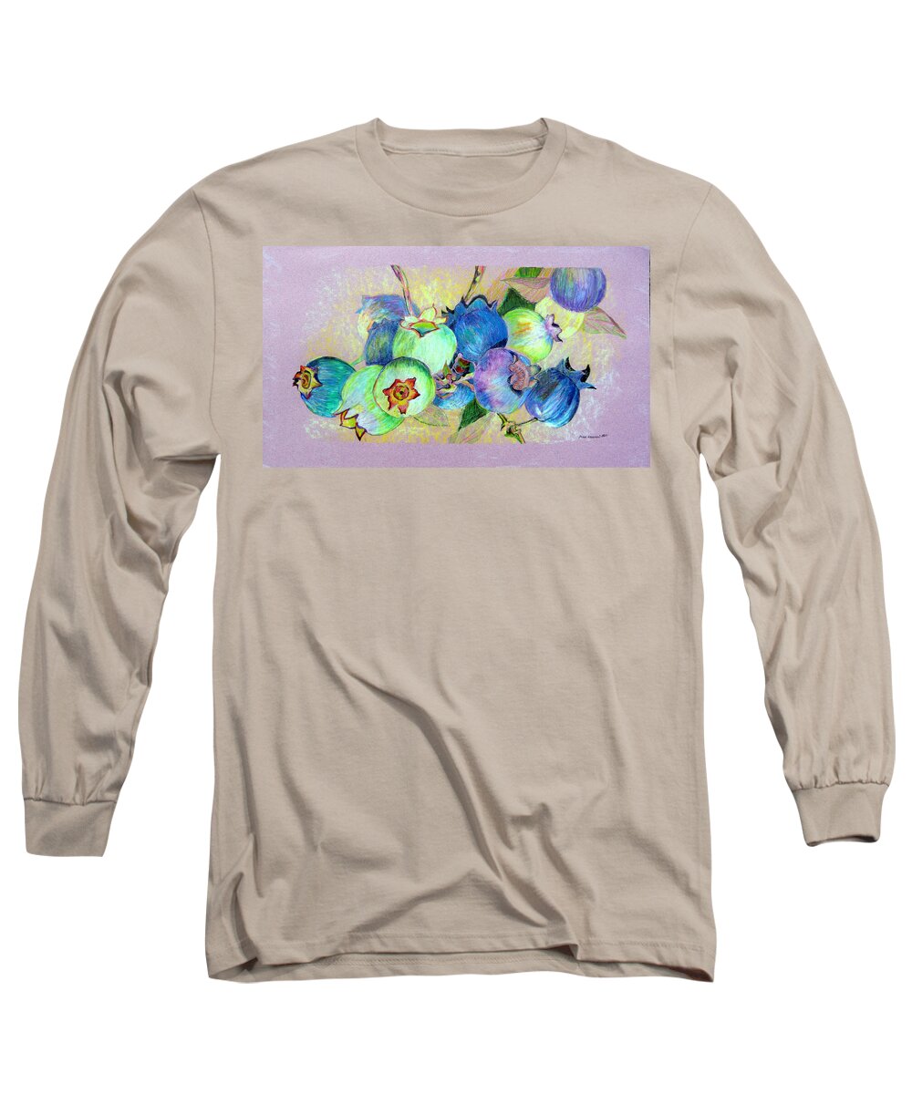 Blueberries Long Sleeve T-Shirt featuring the drawing Blueberries by Mindy Newman