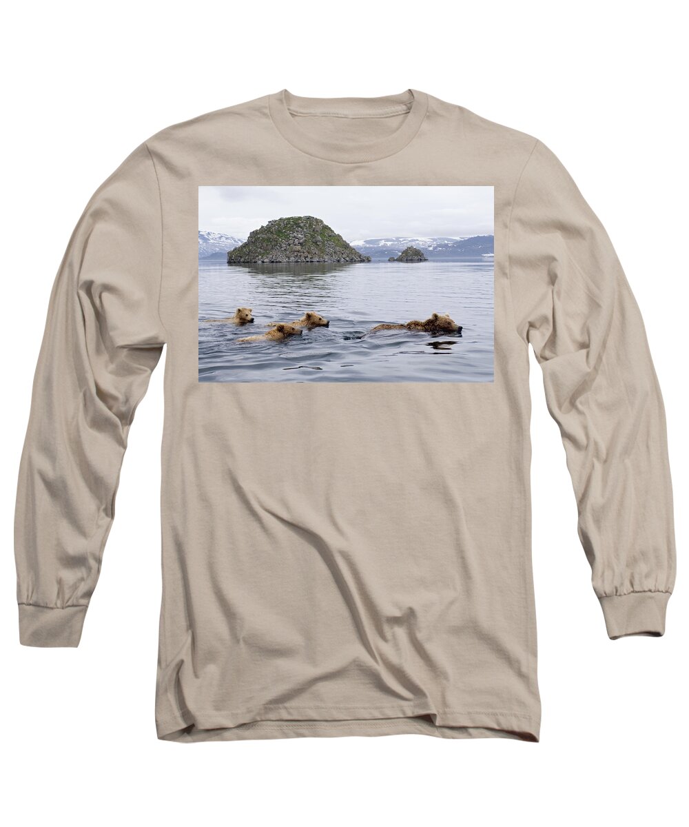 00782083 Long Sleeve T-Shirt featuring the photograph Brown Bear And Cubs in Kamchatka by Sergey Gorshkov