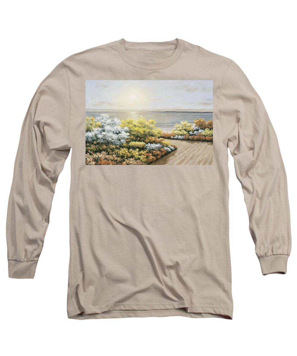 Beach Prints Long Sleeve T-Shirt featuring the painting Deck and Flowers by Diane Romanello