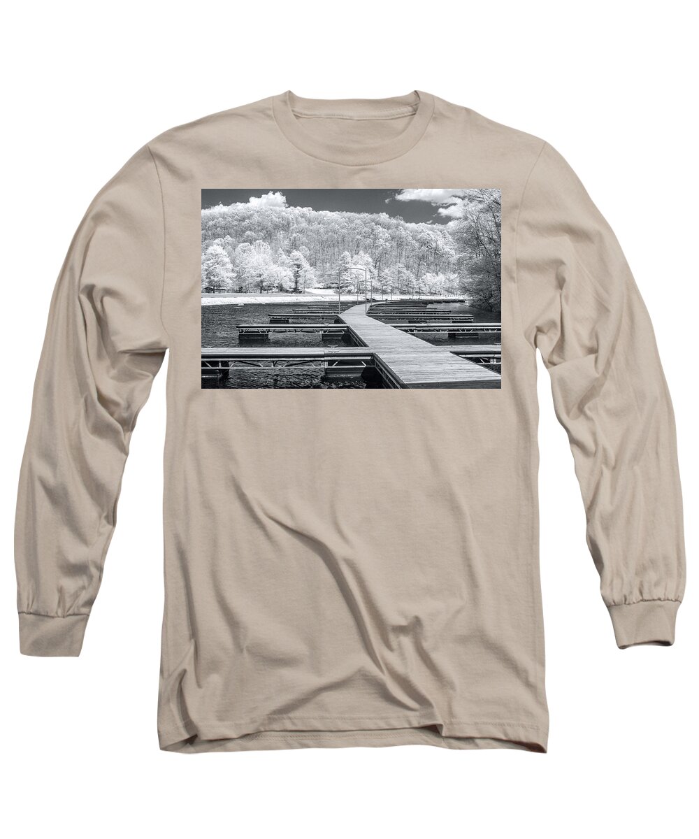 Infrared Long Sleeve T-Shirt featuring the photograph Dock in infrared by Mary Almond