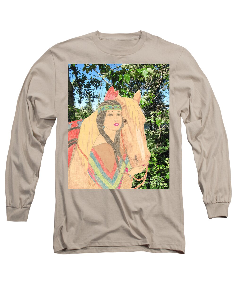 Portrait Long Sleeve T-Shirt featuring the drawing Indian Princess and Horse by Donna L Munro