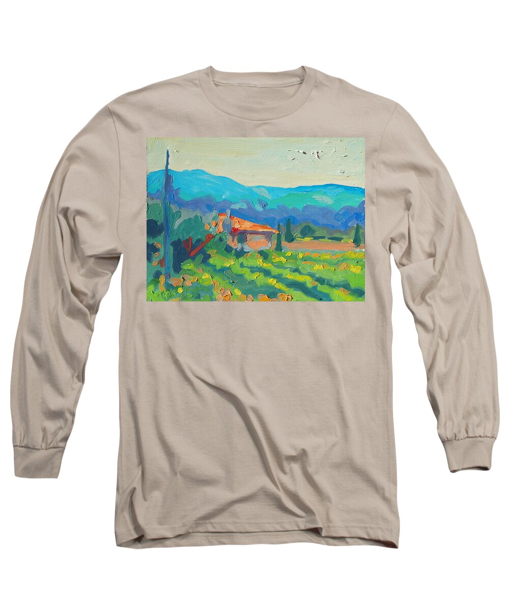 Napa Vineyards With House And Hills Blue Hills And Terracotta Tile Roof Green Yellow Orange Blue Cypress Trees Long Sleeve T-Shirt featuring the painting Napa Valley Vineyards with House and Hills by Thomas Bertram POOLE