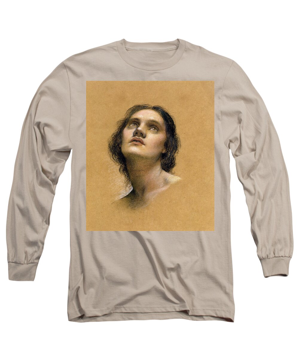 Female; Gaze; Drawing; Upturned Face Long Sleeve T-Shirt featuring the pastel Study of a head by Evelyn De Morgan