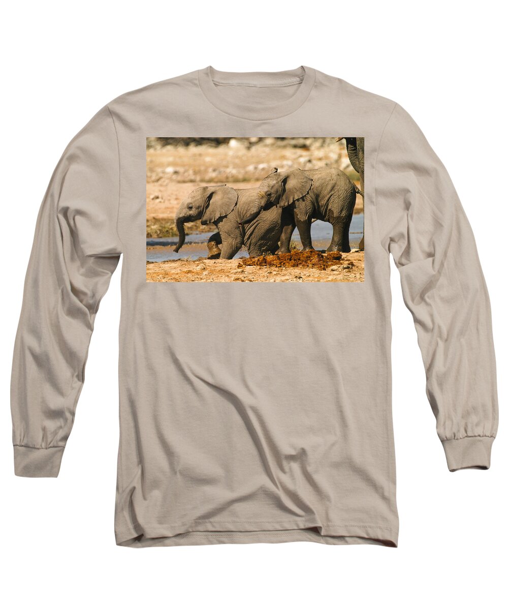 A Baby Elephants Play Long Sleeve T-Shirt featuring the photograph Two up by Alistair Lyne