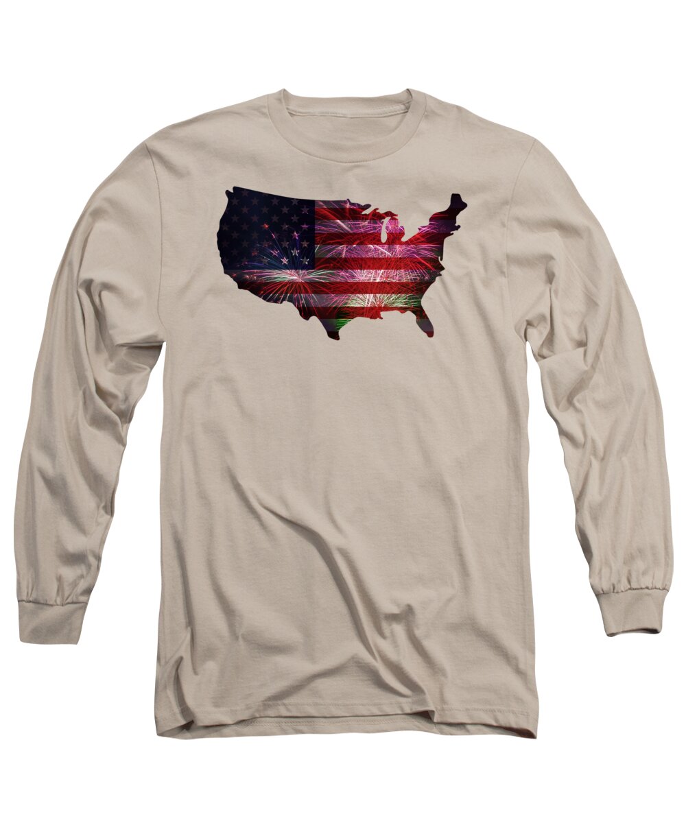 Usa; Outline; Silhouette; Flag; United States; Country; Federal; North America; Stars; Stripes; Red; White; Blue; 4th; July; Independence; Day; Happy; Fireworks; Display; Celebration; Patriotic; Government; Burst; Background; Illustration; Drawing; Souvenir; Poster Long Sleeve T-Shirt featuring the photograph American Flag with Fireworks Display #1 by David Gn