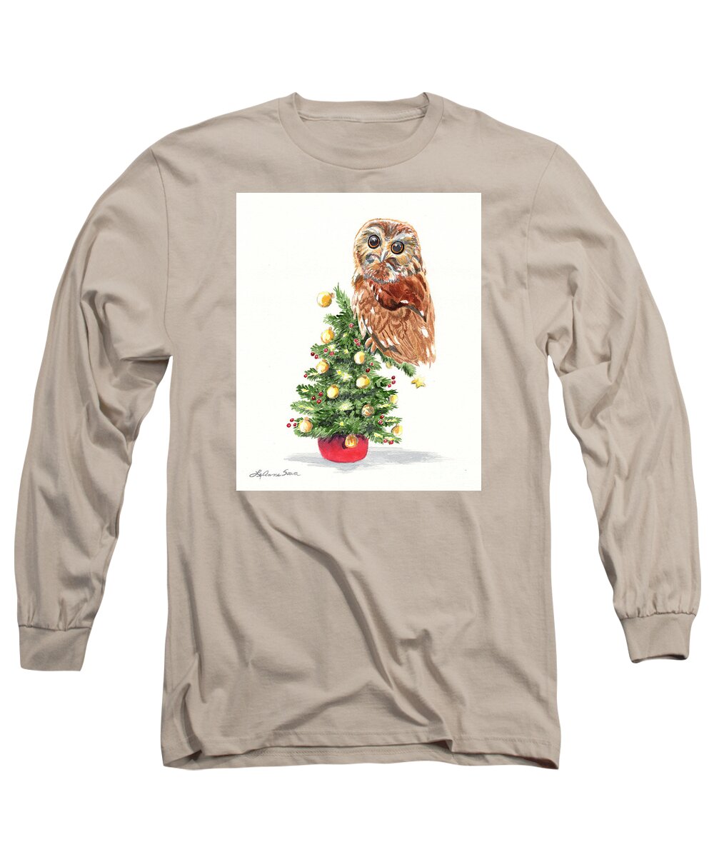 Christmas Long Sleeve T-Shirt featuring the painting Christmas Owl #1 by LeAnne Sowa