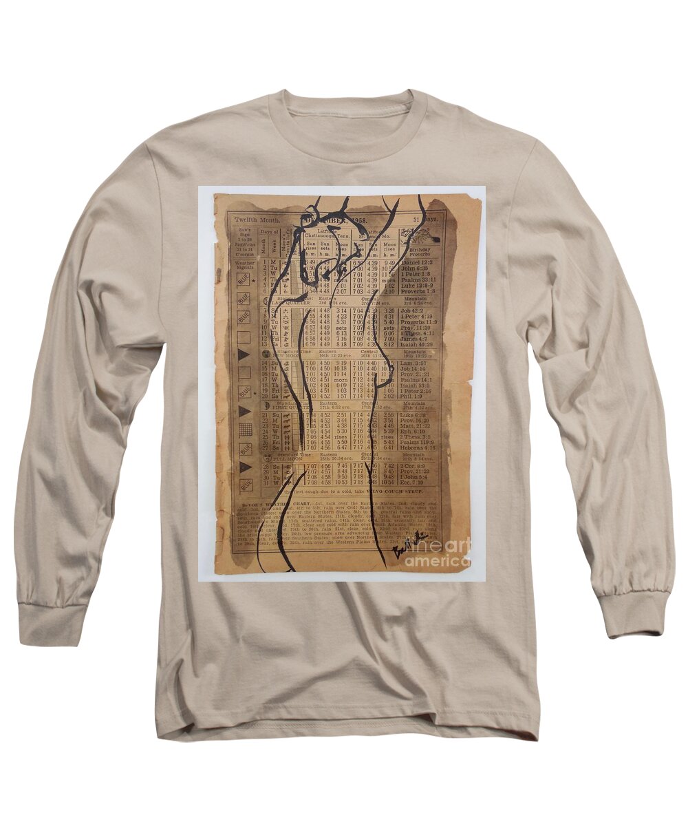 Sumi Ink Long Sleeve T-Shirt featuring the drawing Dec 1958 #1 by M Bellavia