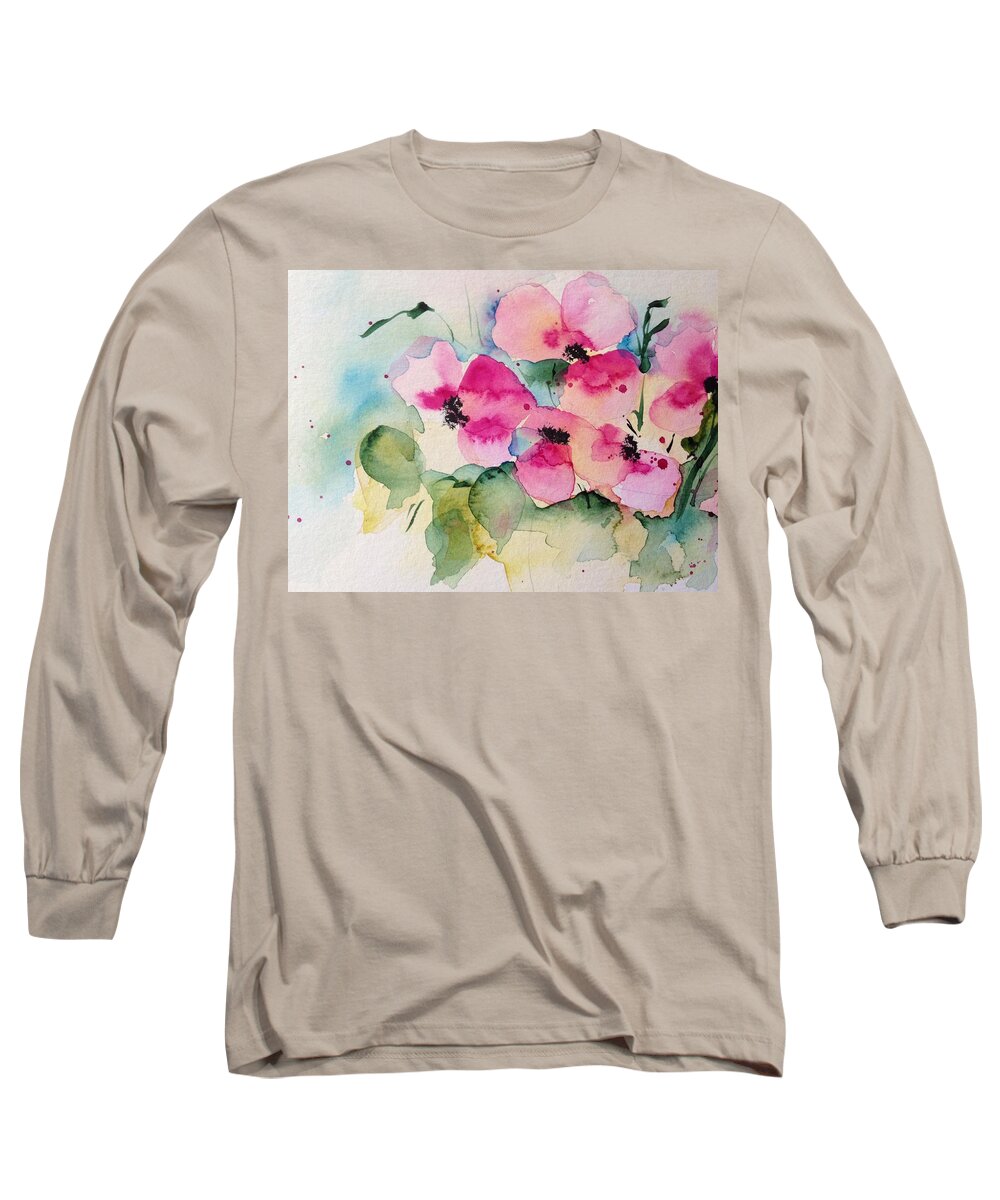 Flower Painting Watercolor Art Pink Flowers Bouquet Long Sleeve T-Shirt featuring the painting Flower painting #1 by Britta Zehm