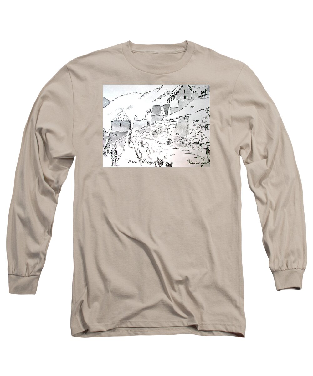 South America Long Sleeve T-Shirt featuring the drawing Machu Picchu by Marilyn Zalatan