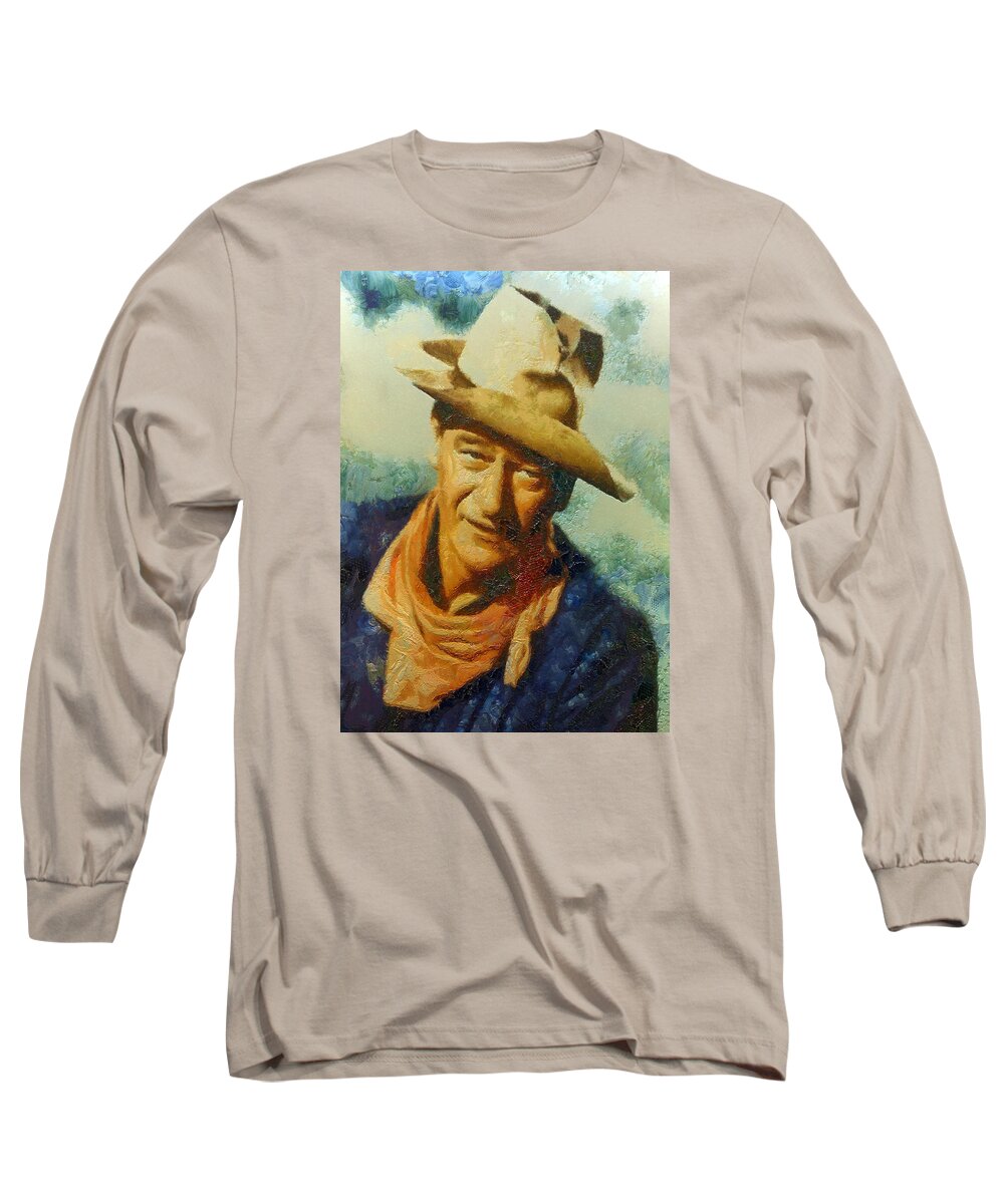 Portrait Long Sleeve T-Shirt featuring the digital art Portrait of John Wayne #1 by Charmaine Zoe