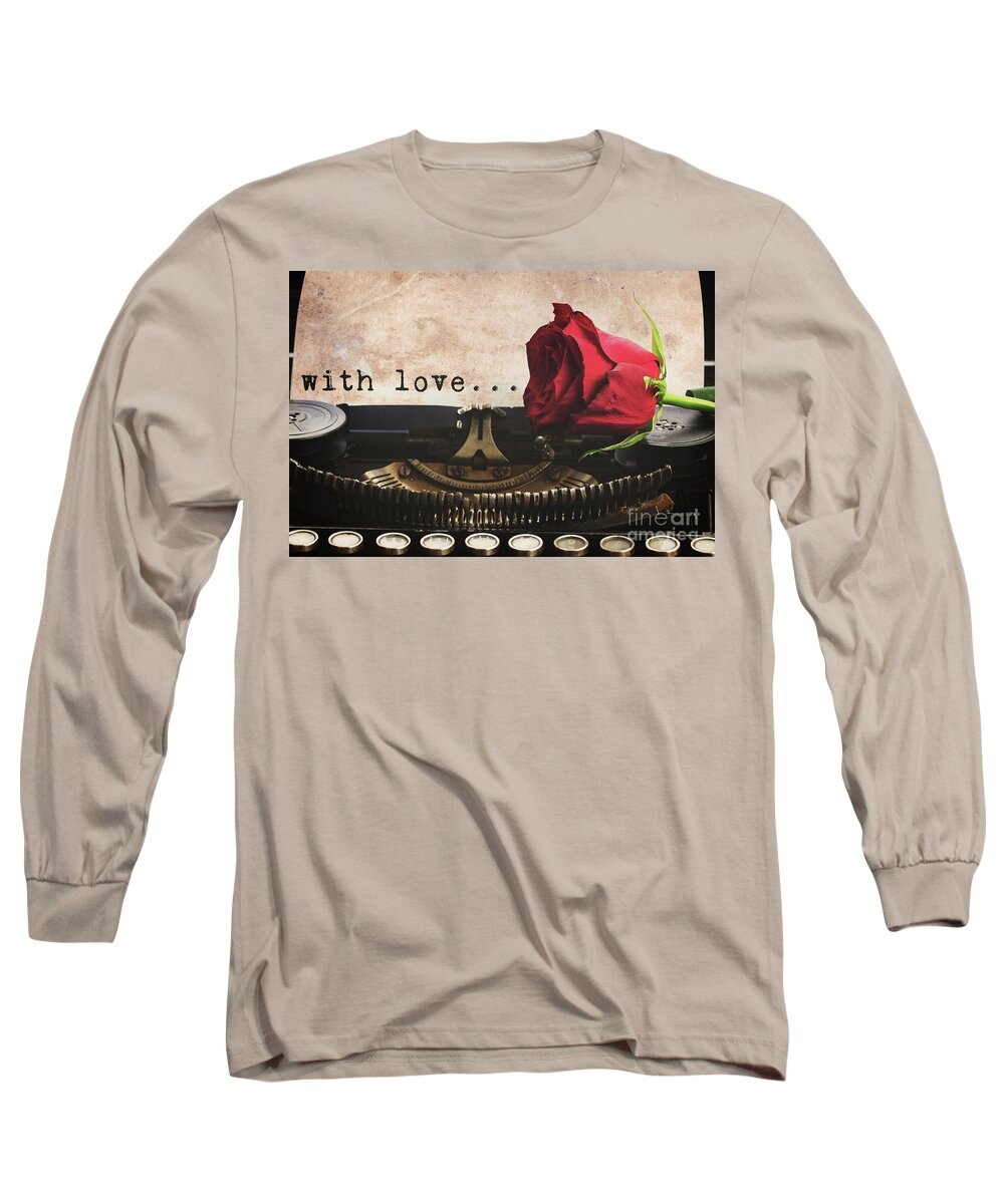 Typewriter Long Sleeve T-Shirt featuring the photograph Red Rose On Typewriter #1 by Anastasy Yarmolovich