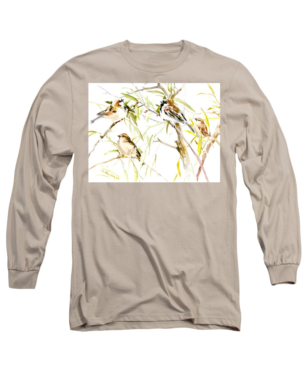 Sparrow Long Sleeve T-Shirt featuring the painting Sparrows #1 by Suren Nersisyan