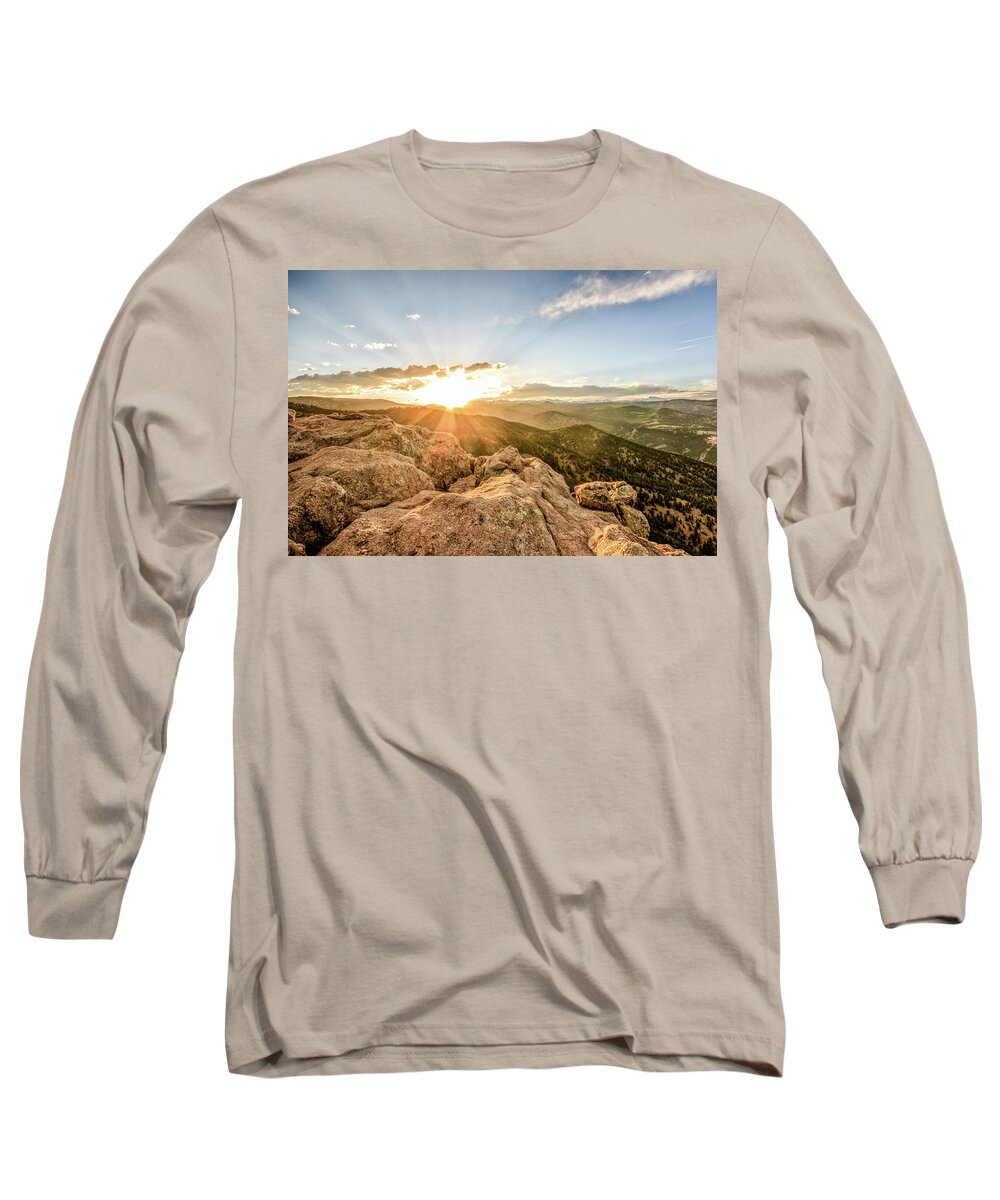 Boulder Long Sleeve T-Shirt featuring the photograph Sunset over the Mountains of Flaggstaff Road in Boulder, Colorad #1 by Peter Ciro