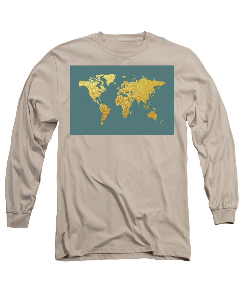 World Map Long Sleeve T-Shirt featuring the digital art World Map Gold Foil #1 by Michael Tompsett