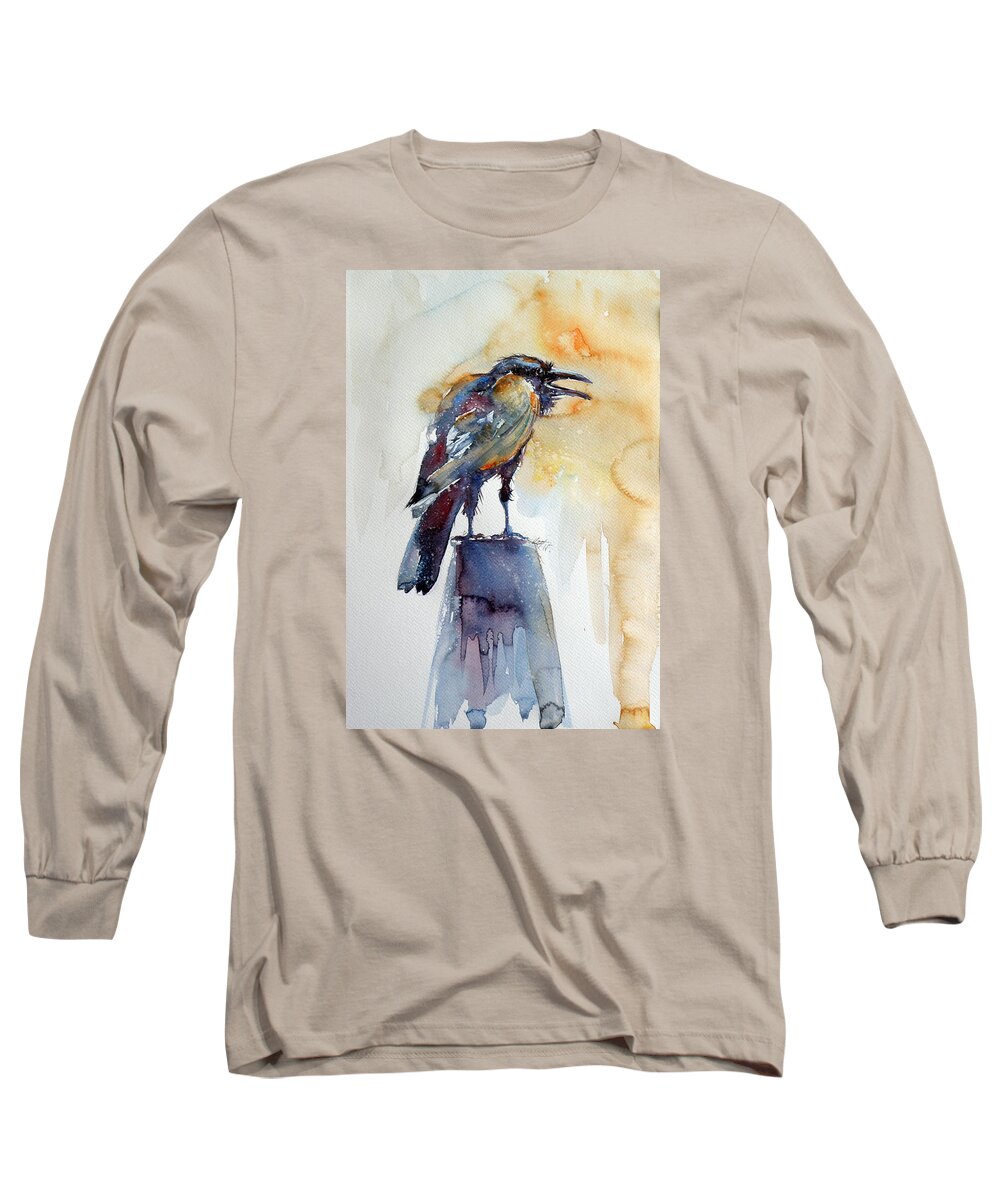 Crow Long Sleeve T-Shirt featuring the painting Crow #9 by Kovacs Anna Brigitta