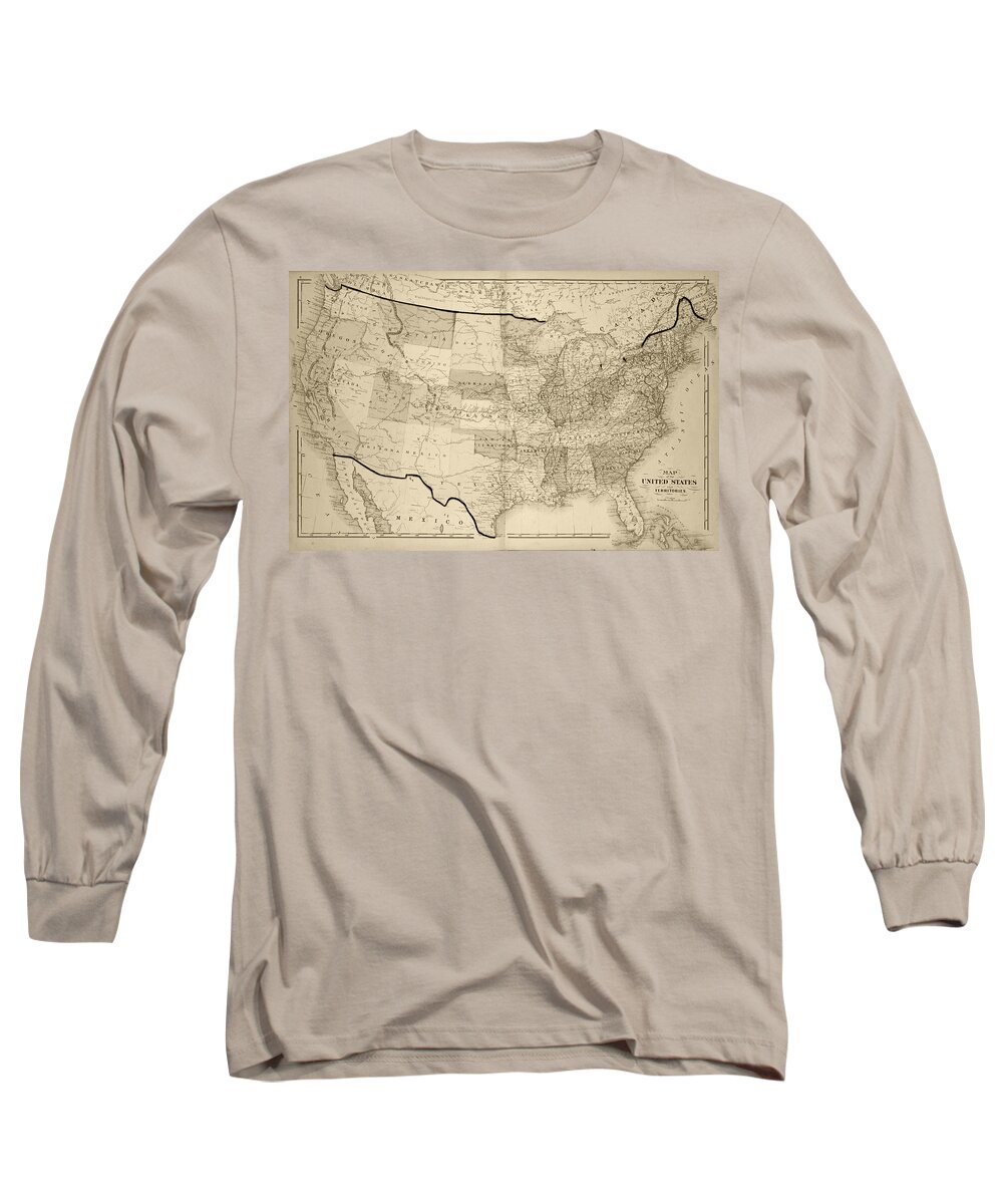United Long Sleeve T-Shirt featuring the digital art 1876 Map of the United States Sepia by Toby McGuire
