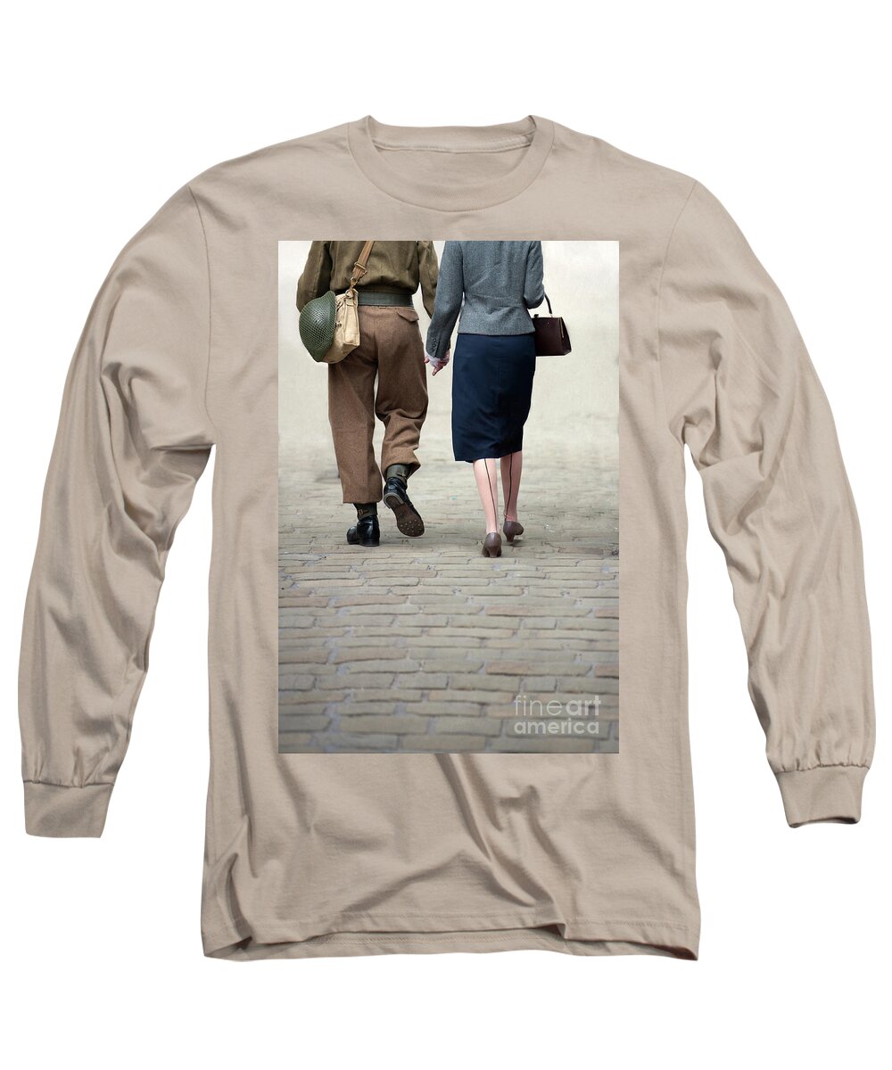 Woman Long Sleeve T-Shirt featuring the photograph 1940s Couple Soldier And Civilian Holding Hands by Lee Avison