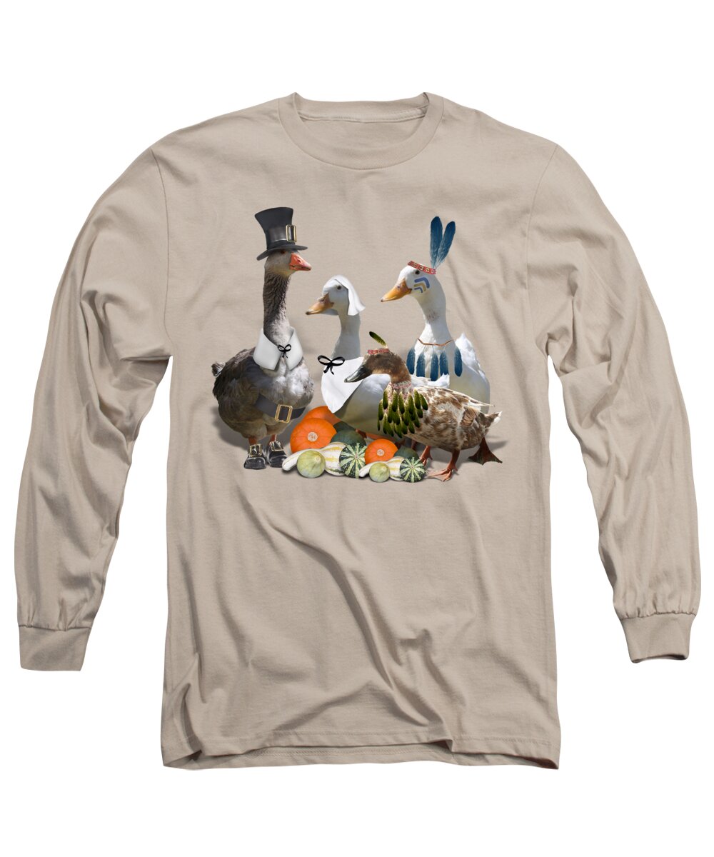 Thanksgiving Long Sleeve T-Shirt featuring the mixed media Thanksgiving Ducks #5 by Gravityx9 Designs