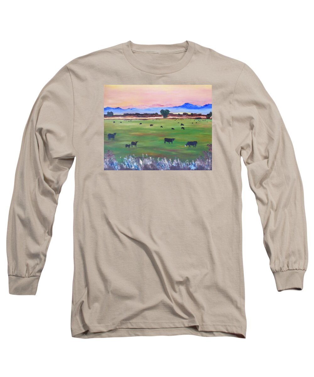 Cows In Pasture Long Sleeve T-Shirt featuring the painting #30 Waking Up #30 by Cheryl Nancy Ann Gordon
