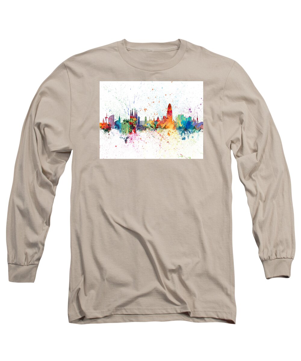 Barcelona Long Sleeve T-Shirt featuring the digital art Barcelona Spain Skyline #6 by Michael Tompsett