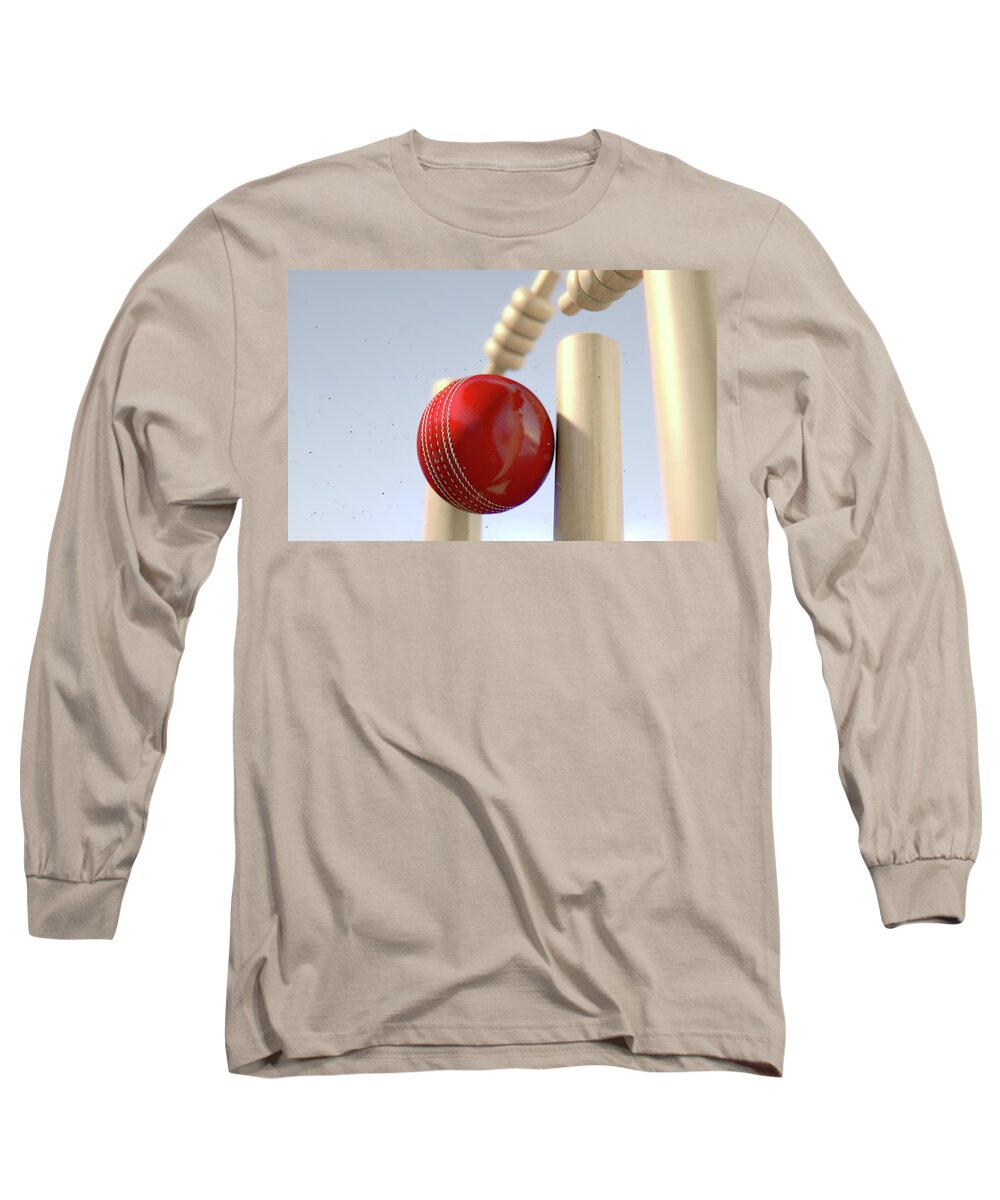Action Long Sleeve T-Shirt featuring the digital art Cricket Ball Hitting Wickets #6 by Allan Swart