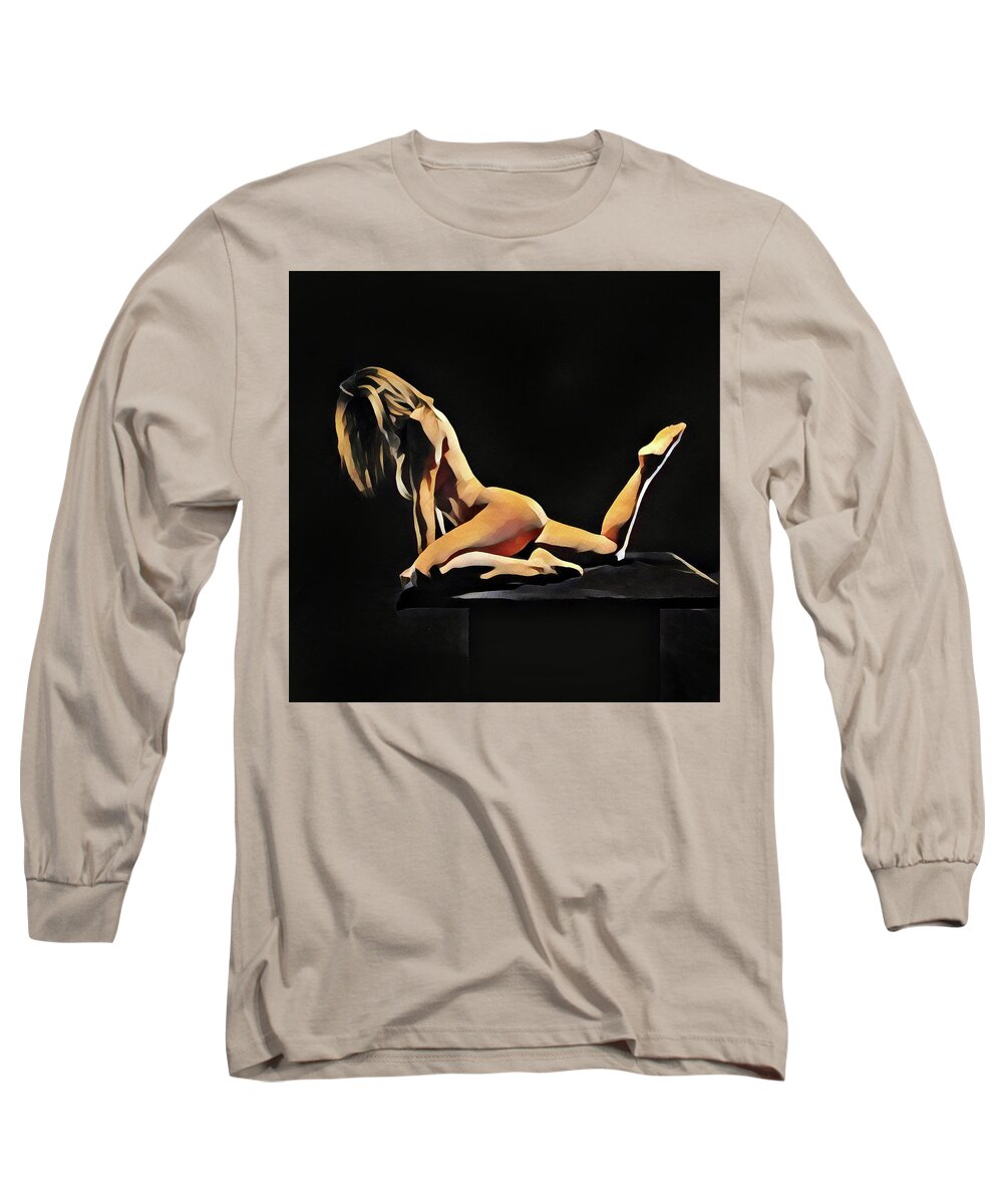 Watercolor Long Sleeve T-Shirt featuring the digital art 7038s-AMG Watercolor of Beautiful Mature Nude Woman by Chris Maher