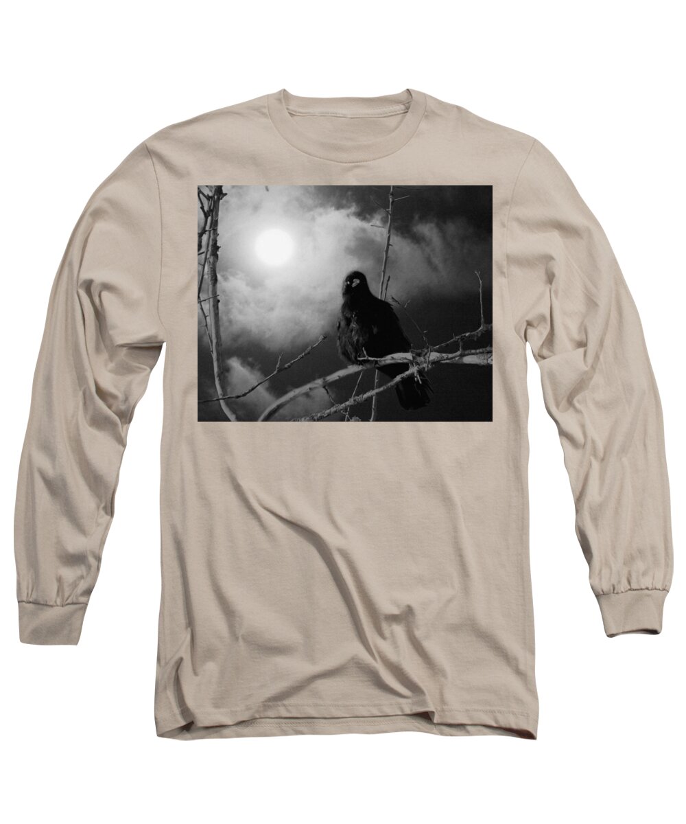 Moon Crow Long Sleeve T-Shirt featuring the mixed media A Moonlicht Nicht by I'ina Van Lawick