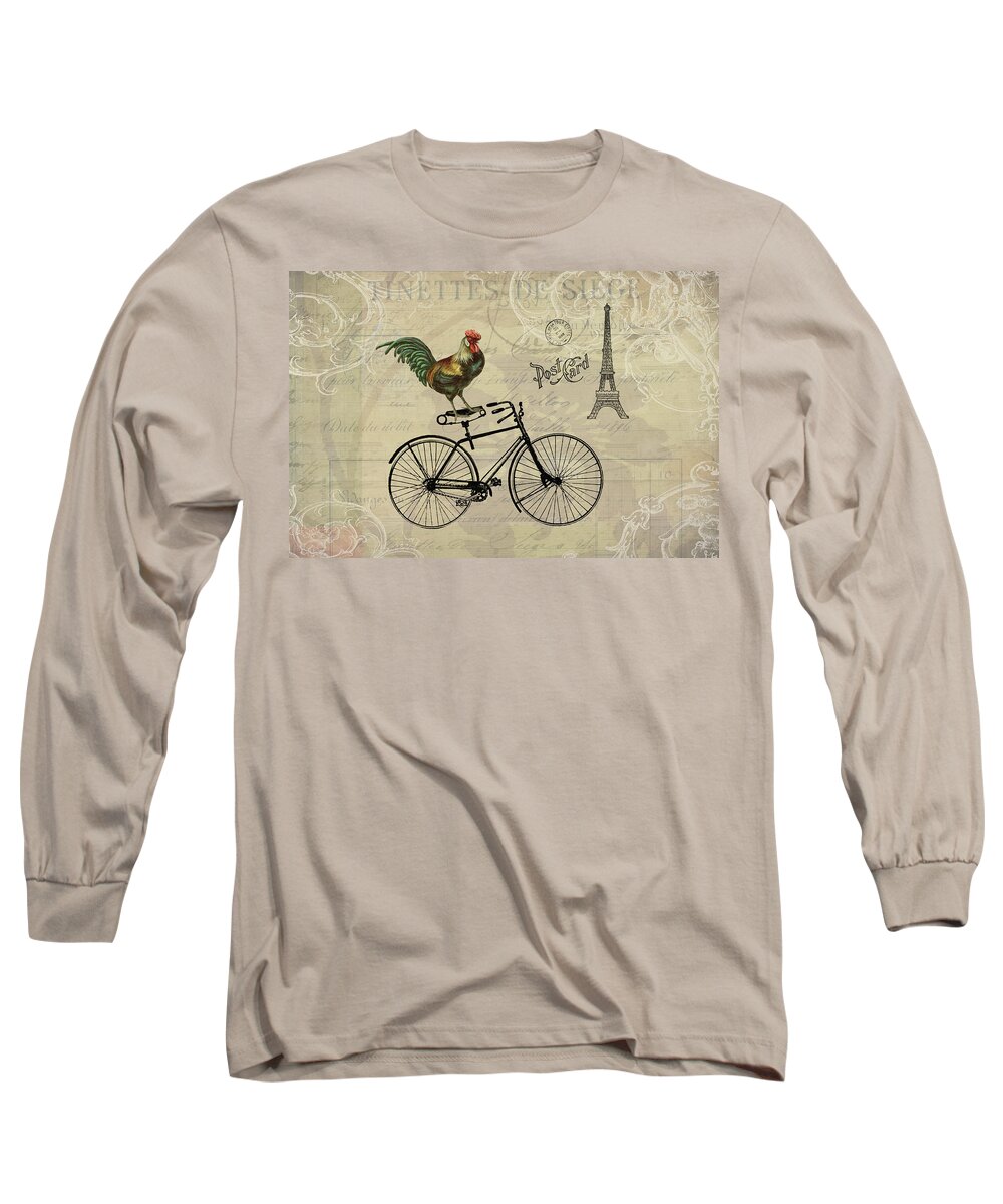 Roosters Long Sleeve T-Shirt featuring the digital art A Rooster in Paris by Peggy Collins