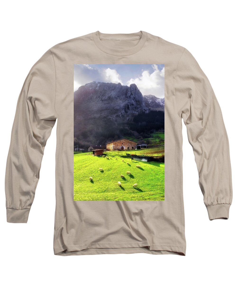 House Long Sleeve T-Shirt featuring the photograph A typical basque country farmhouse with sheep by Mikel Martinez de Osaba