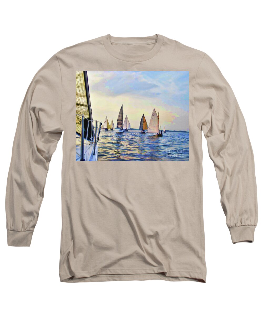 Sailboats Long Sleeve T-Shirt featuring the digital art A View from the Rail by Xine Segalas