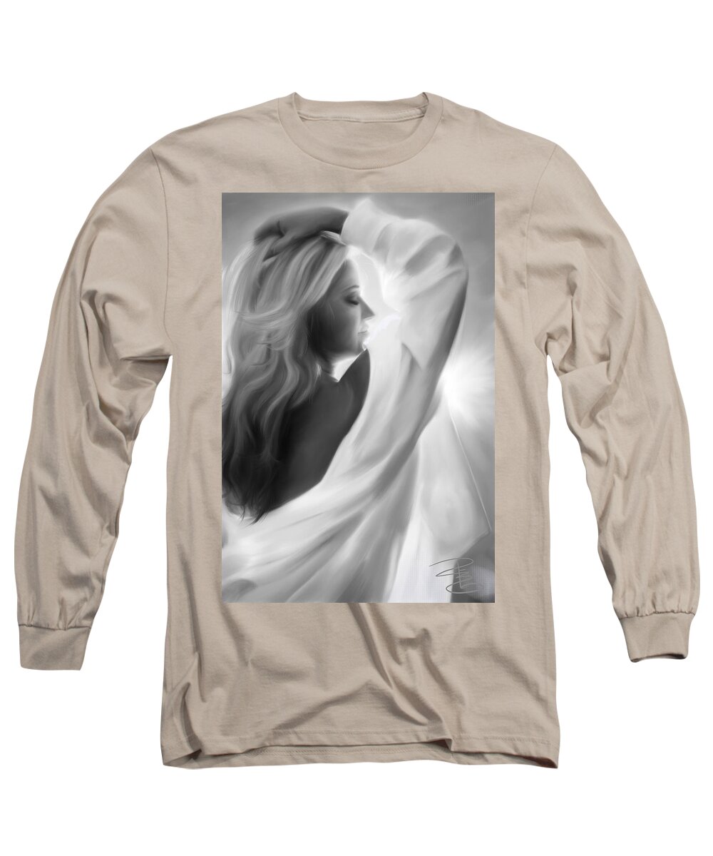 Attractive Long Sleeve T-Shirt featuring the digital art A woman in a man's shirt by Debra Baldwin