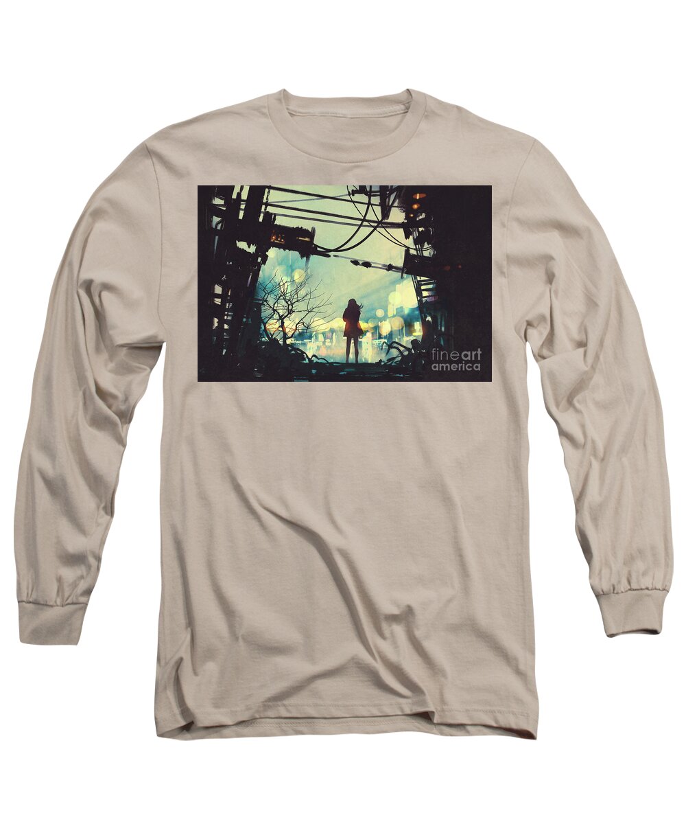 Illustration Long Sleeve T-Shirt featuring the painting Alone In The Abandoned Town#2 by Tithi Luadthong