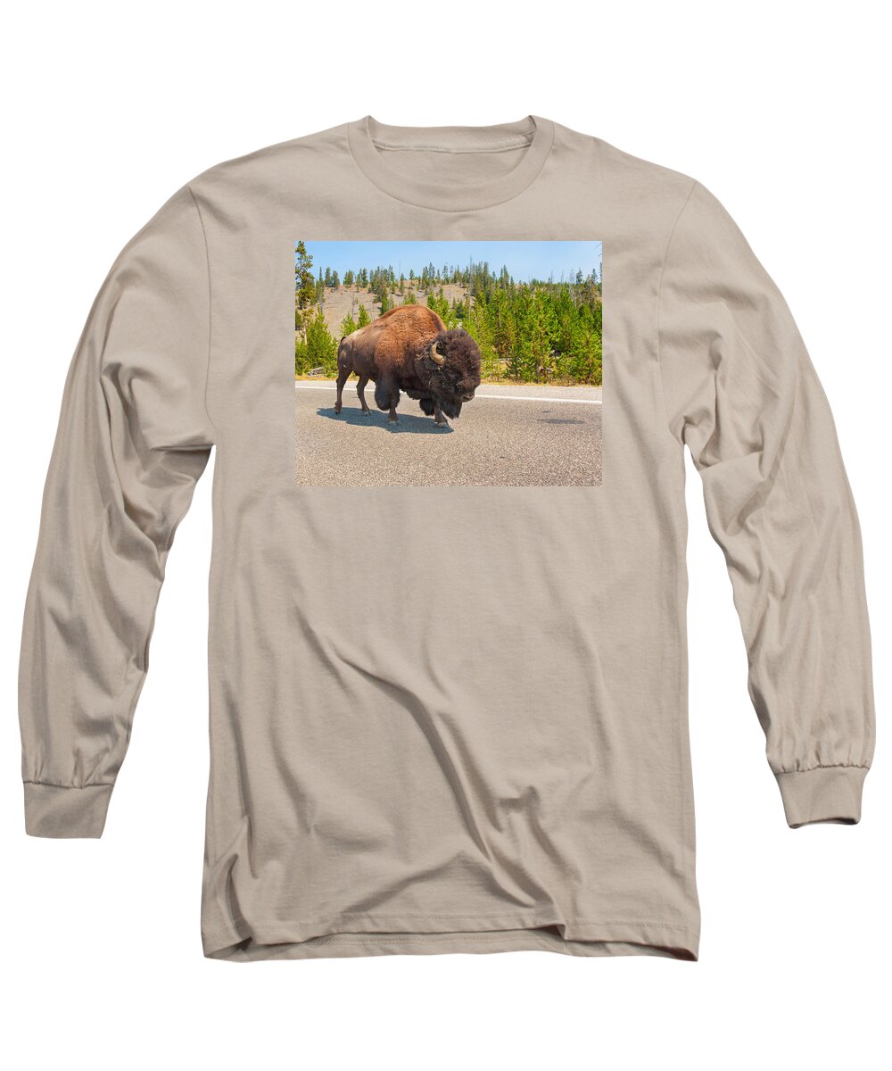 American Bison Long Sleeve T-Shirt featuring the photograph American Bison Sharing the Road in Yellowstone by John M Bailey