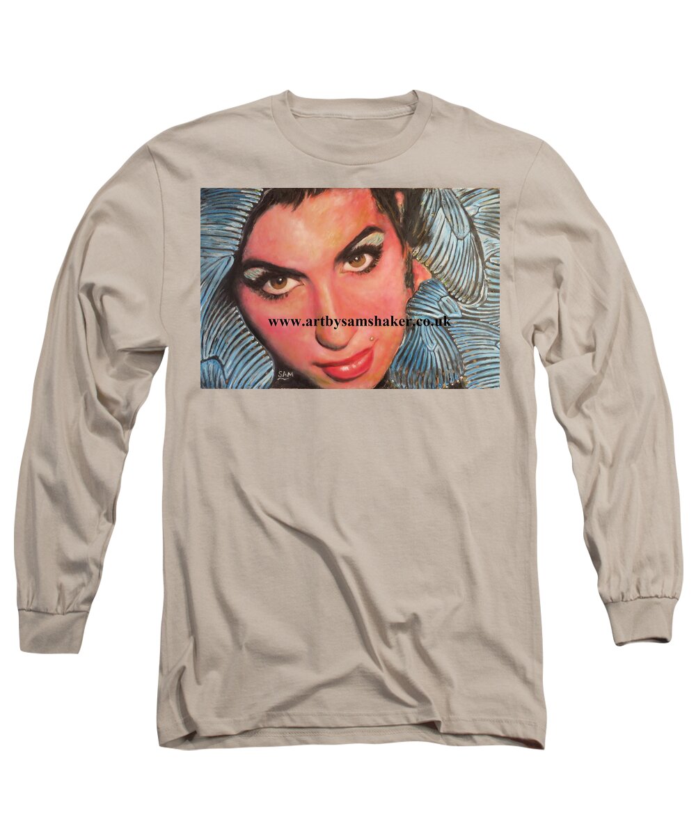 Amy Winehouse Long Sleeve T-Shirt featuring the painting Amy surrounded by blue butterflies by Sam Shaker