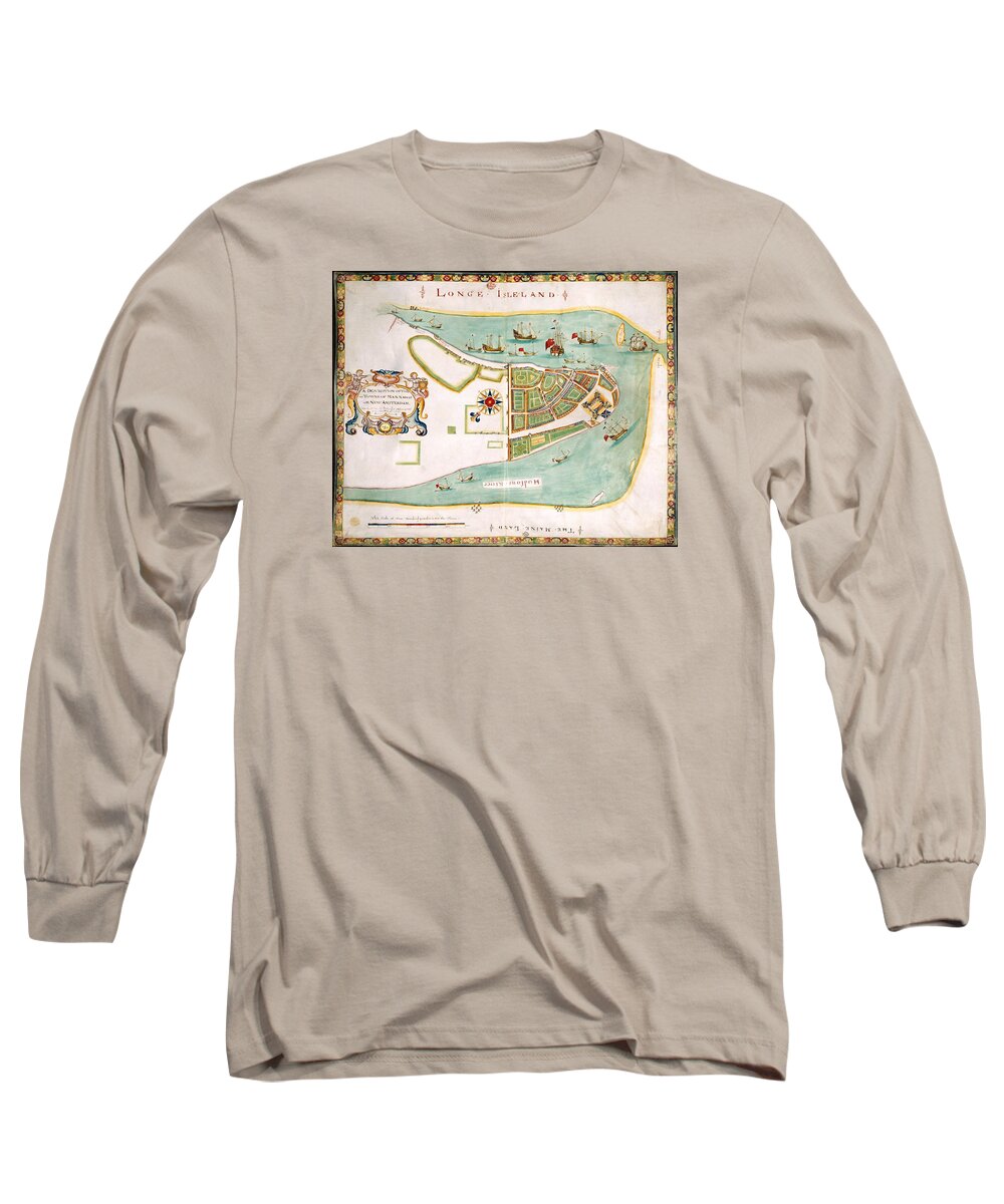 Manhattan Long Sleeve T-Shirt featuring the painting Antique Map of Manhattan New York 1664 by Vincent Monozlay