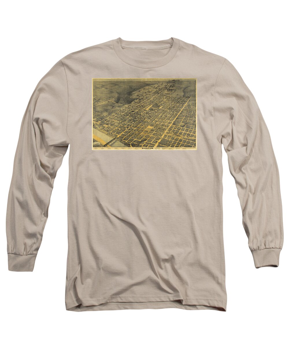 Texas Long Sleeve T-Shirt featuring the digital art Austin 1887 by Augustus Koch by Texas Map Store