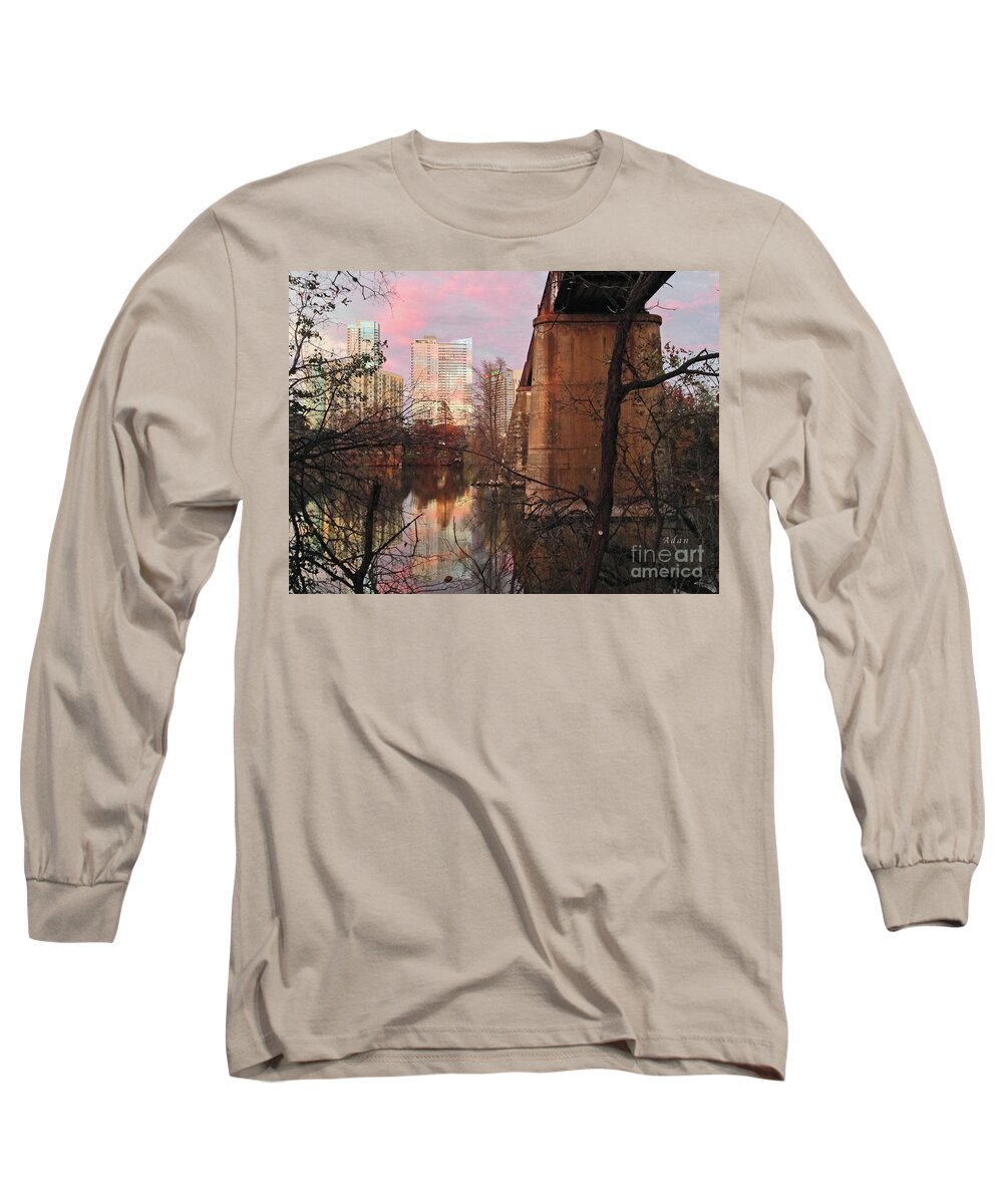 Triptych Long Sleeve T-Shirt featuring the photograph Austin Hike and Bike Trail - Train Trestle 1 Sunset Triptych Middle by Felipe Adan Lerma