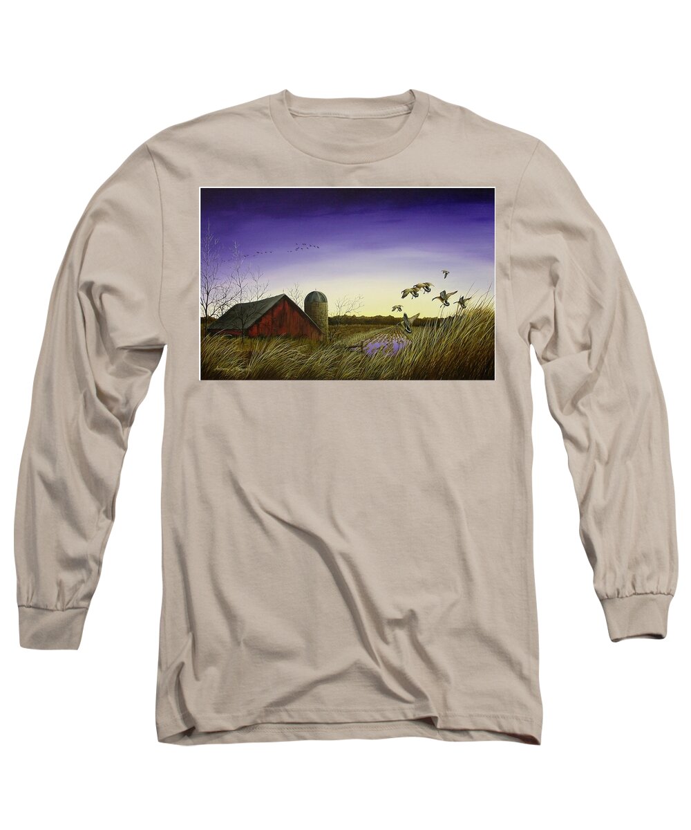 Silo Long Sleeve T-Shirt featuring the painting Autumn Sunset - Geese by Anthony J Padgett