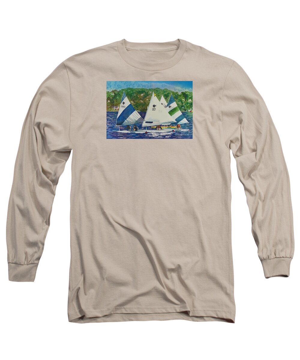 Bass Lake Long Sleeve T-Shirt featuring the painting Bass Lake Races by LeAnne Sowa
