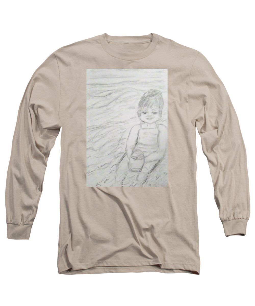 Children Long Sleeve T-Shirt featuring the drawing  Beach Baby by Suzanne Berthier