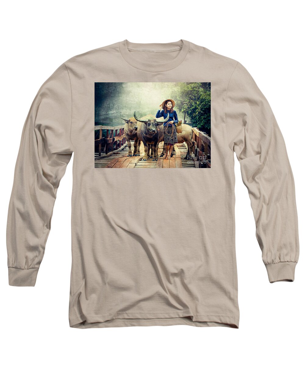 Asia Long Sleeve T-Shirt featuring the digital art Beauty And The Water Buffalo by Ian Gledhill