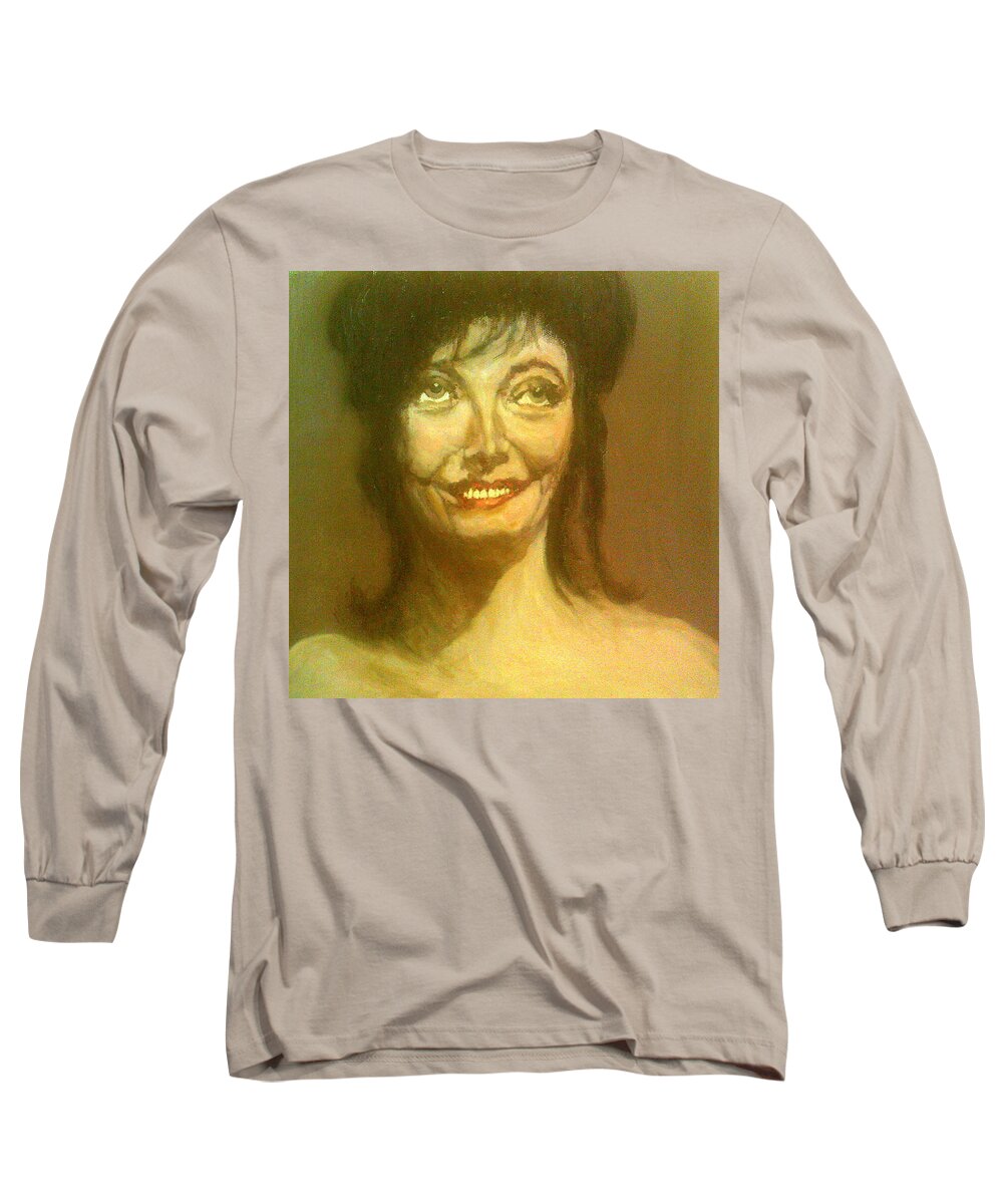 Beauty Brunette Smile Cheeks Mouth Eyes Lesley Anne Down Long Sleeve T-Shirt featuring the painting Beauty Smiles by Peter Gartner