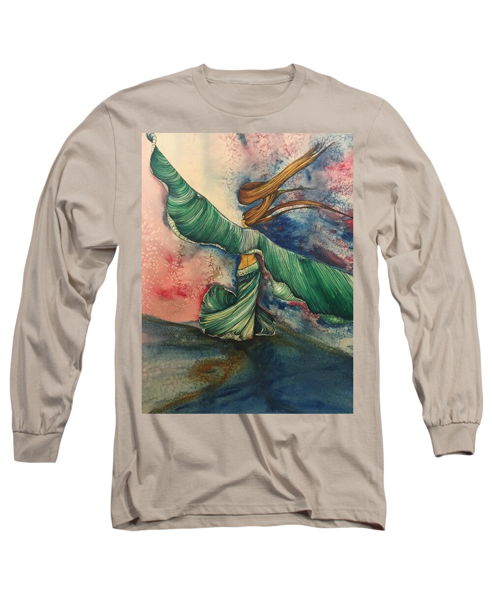 Belly Dancer Long Sleeve T-Shirt featuring the painting Belly Dancer with Wings by Mastiff Studios