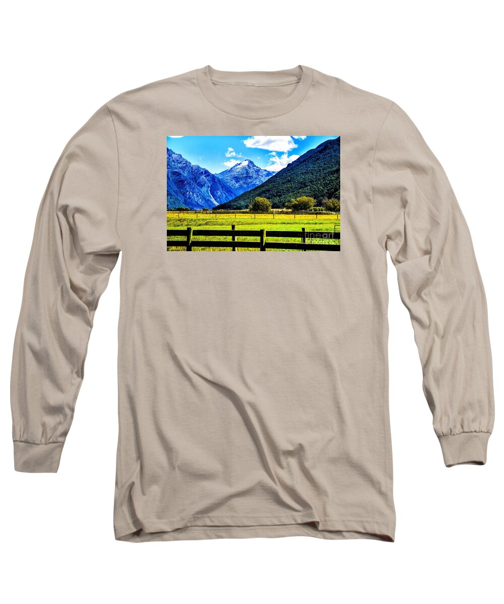 New Zealand Mountains And Fields Landscapes Long Sleeve T-Shirt featuring the photograph Beyond the Fence by Rick Bragan