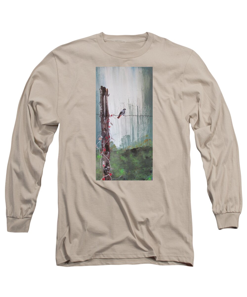 Tree Long Sleeve T-Shirt featuring the painting Bird on a Wire by Susan Voidets