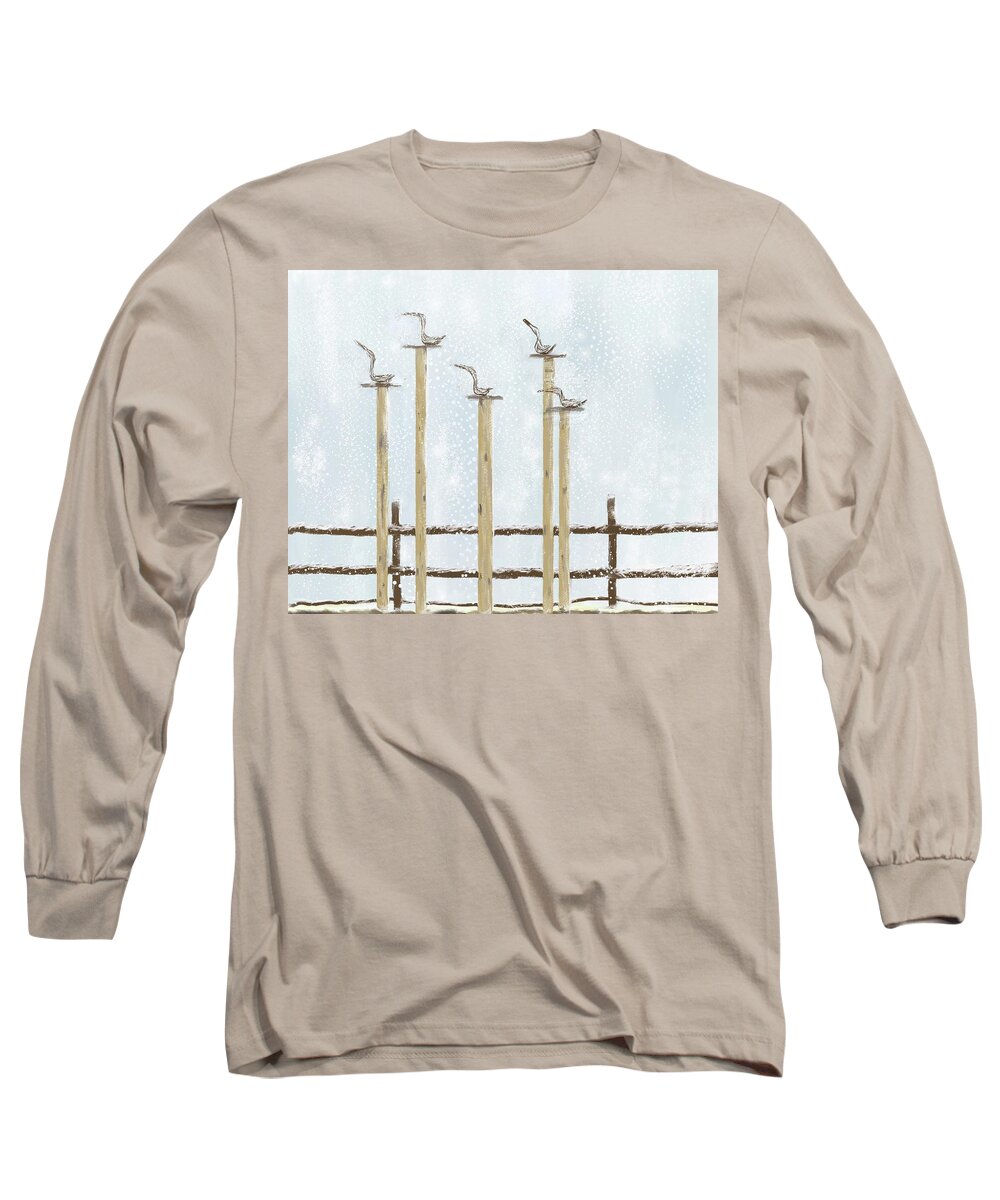 Birds Long Sleeve T-Shirt featuring the digital art Birds on Posts by Peggy Blackwell
