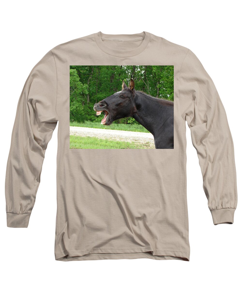 Horses Long Sleeve T-Shirt featuring the digital art Black Horse Laughs by Jana Russon