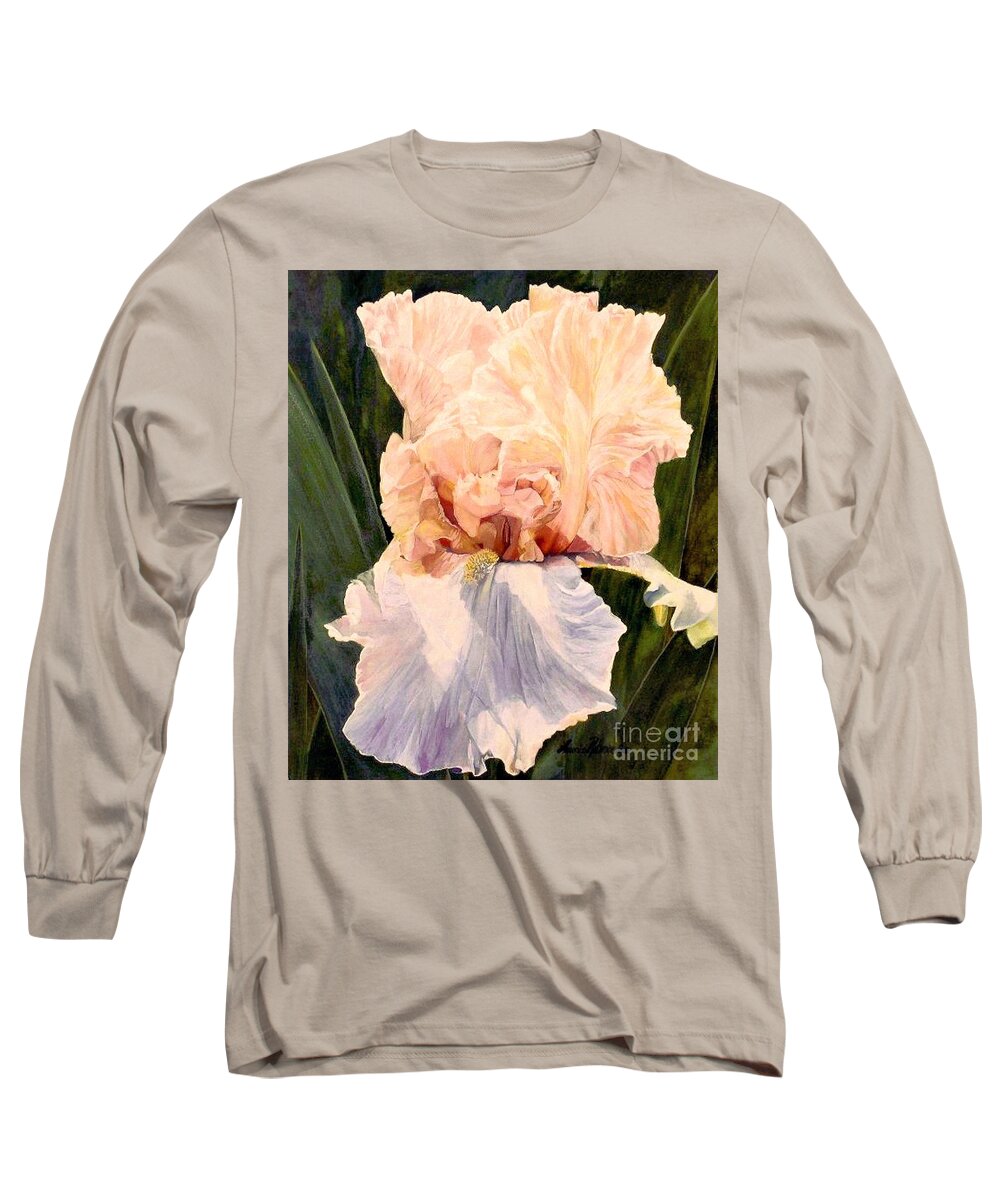  Botanical Long Sleeve T-Shirt featuring the painting Botanical Peach Iris by Laurie Rohner