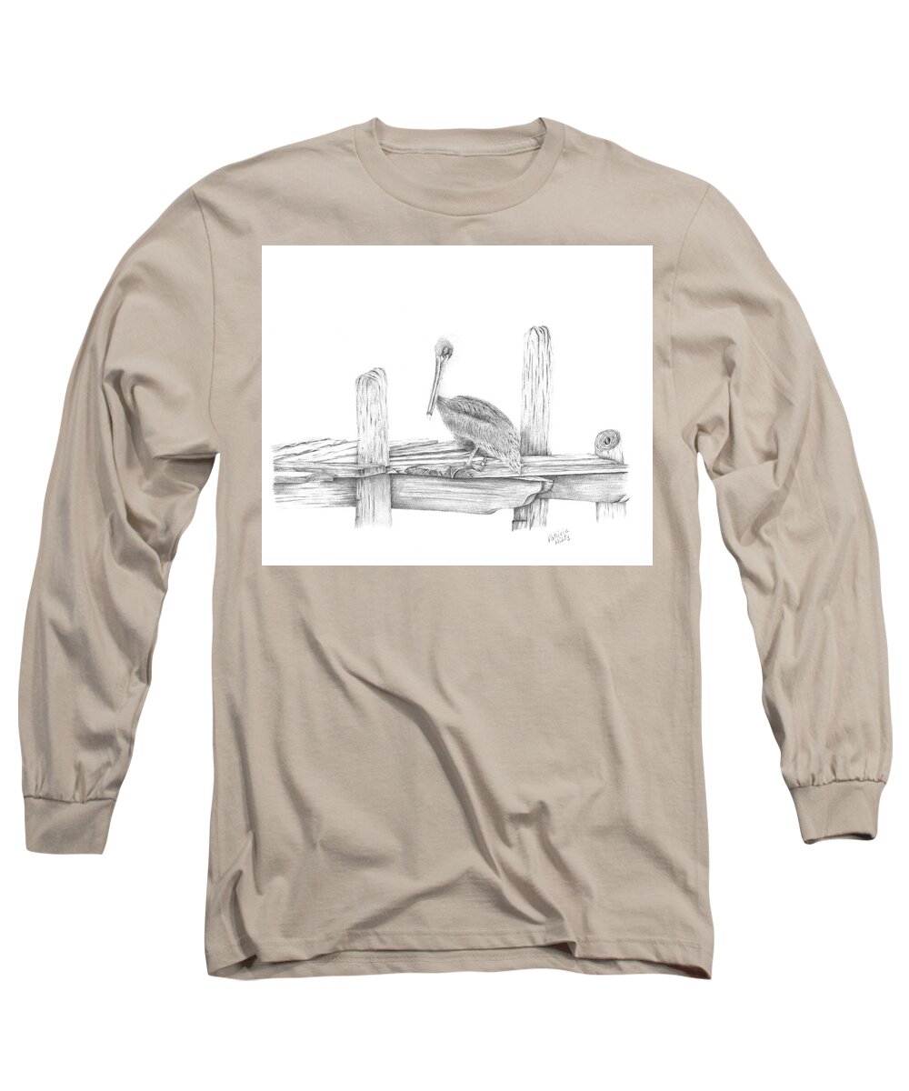 Pelican Long Sleeve T-Shirt featuring the drawing Brown Pelican by Patricia Hiltz