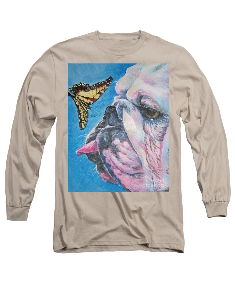 Bulldog Long Sleeve T-Shirt featuring the painting Bulldog and butterfly by Lee Ann Shepard